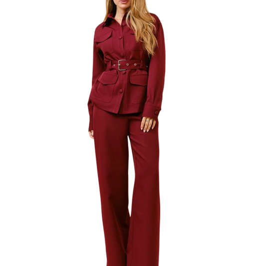 SET DE CHAQUETA CON PANTALÓN, BOTONES Y CINTO VINO