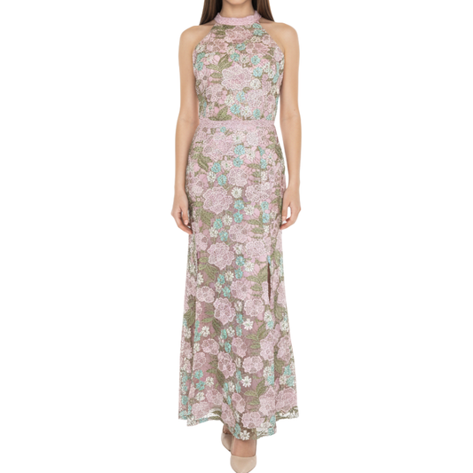VESTIDO MIDI ENCAJE FLORAL ROSA PALO