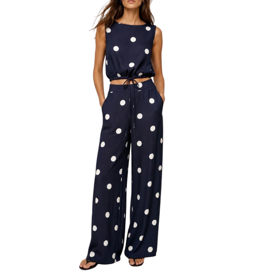 SET PANTALON Y BLUSA POLKA DOTS AZUL CON BLANCO
