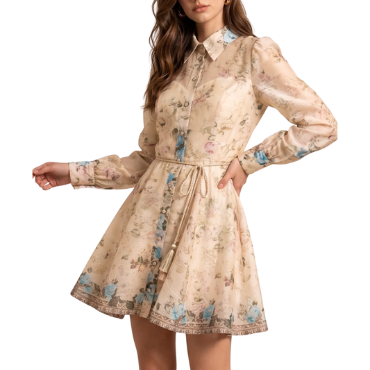 VESTIDO CORTO BEIGE MANGA LARGA CON FLORES CELESTES