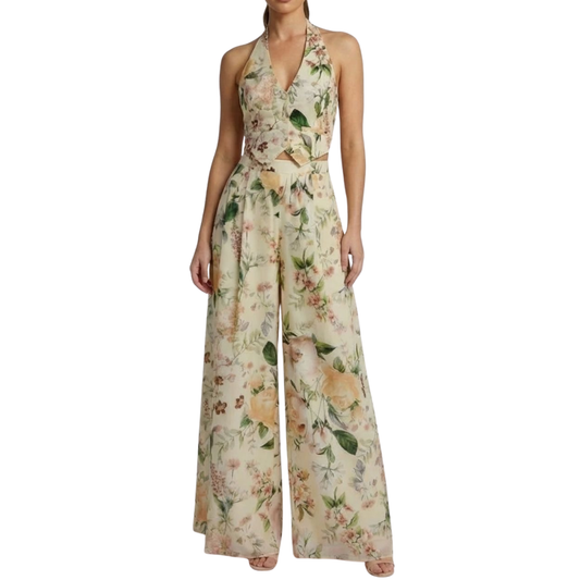 SET TOP Y PANTALÓN BEIGE ESTAMPADO FLORES