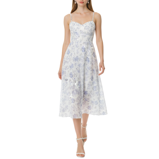 VESTIDO MIDI BLANCO CON FLORES CELESTE