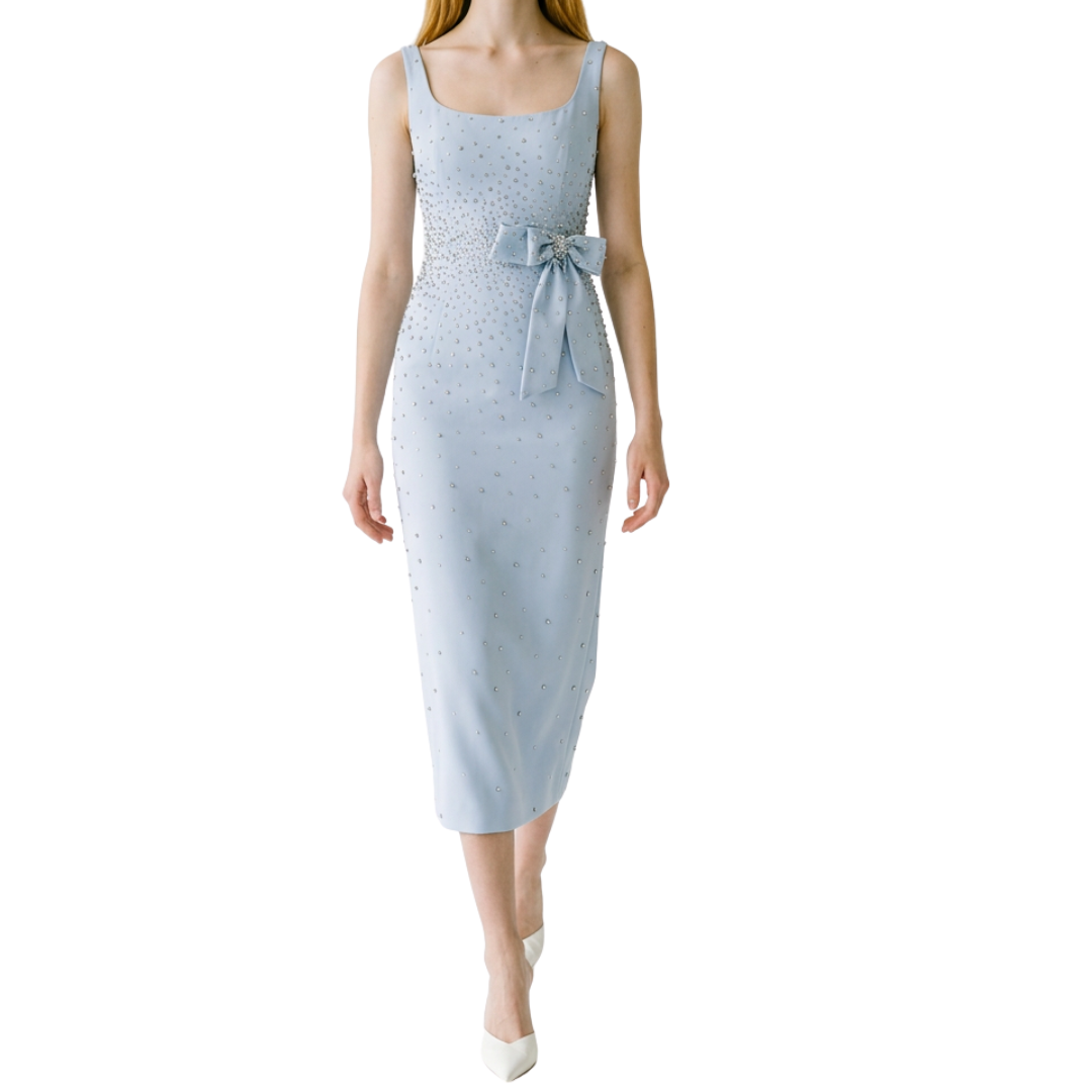 VESTIDO MIDI CELESTE CON PEDRERIA