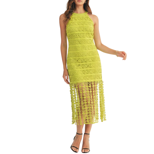VESTIDO MIDI HALTER VERDE LIMÓN DE GUIPUR
