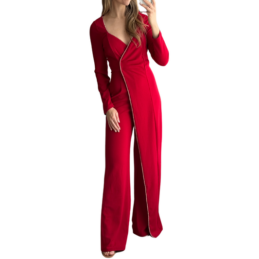 JUUMPSUIT ROJO MANGA LARGA CUELLO V CON BRILLOS