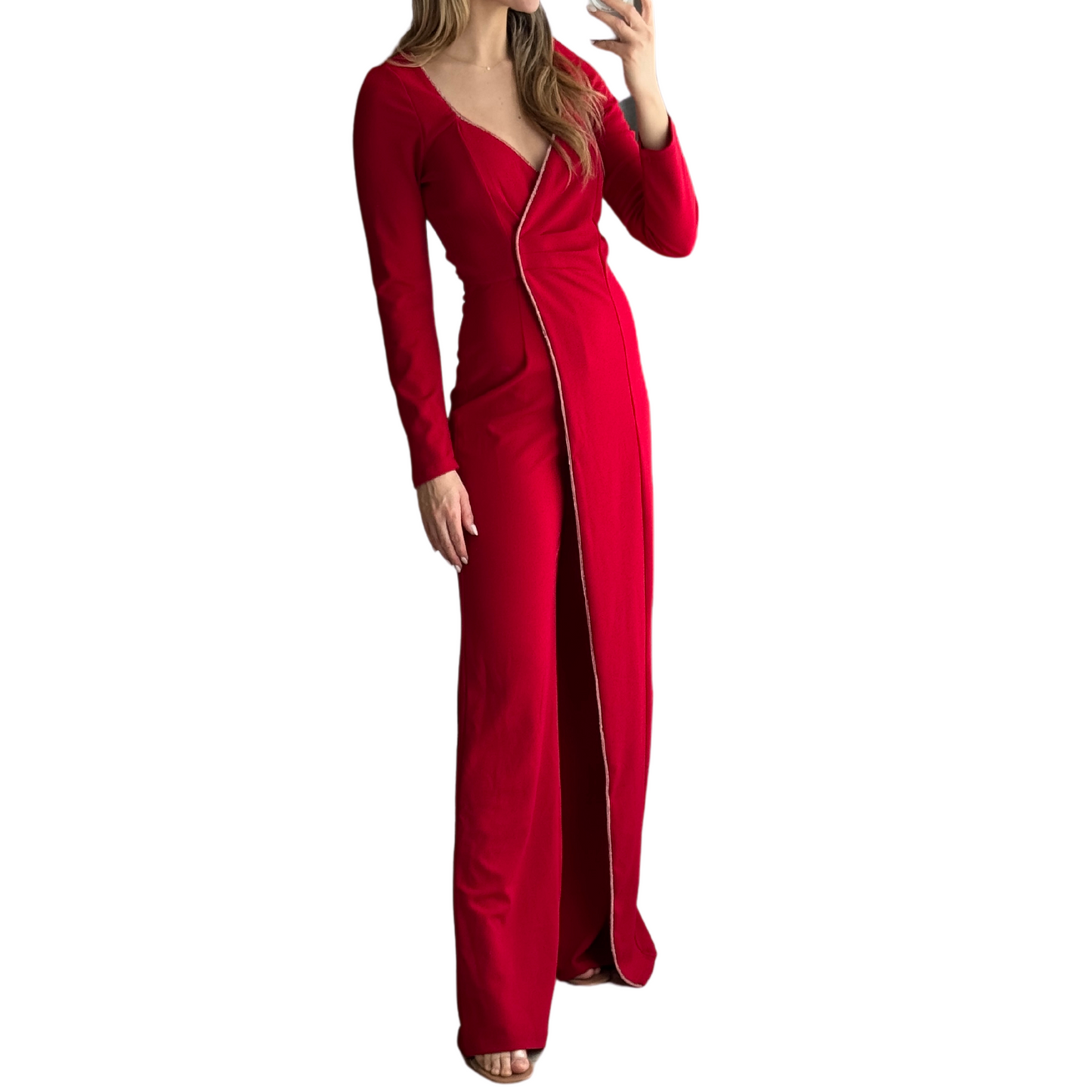 JUUMPSUIT ROJO MANGA LARGA CUELLO V CON BRILLOS