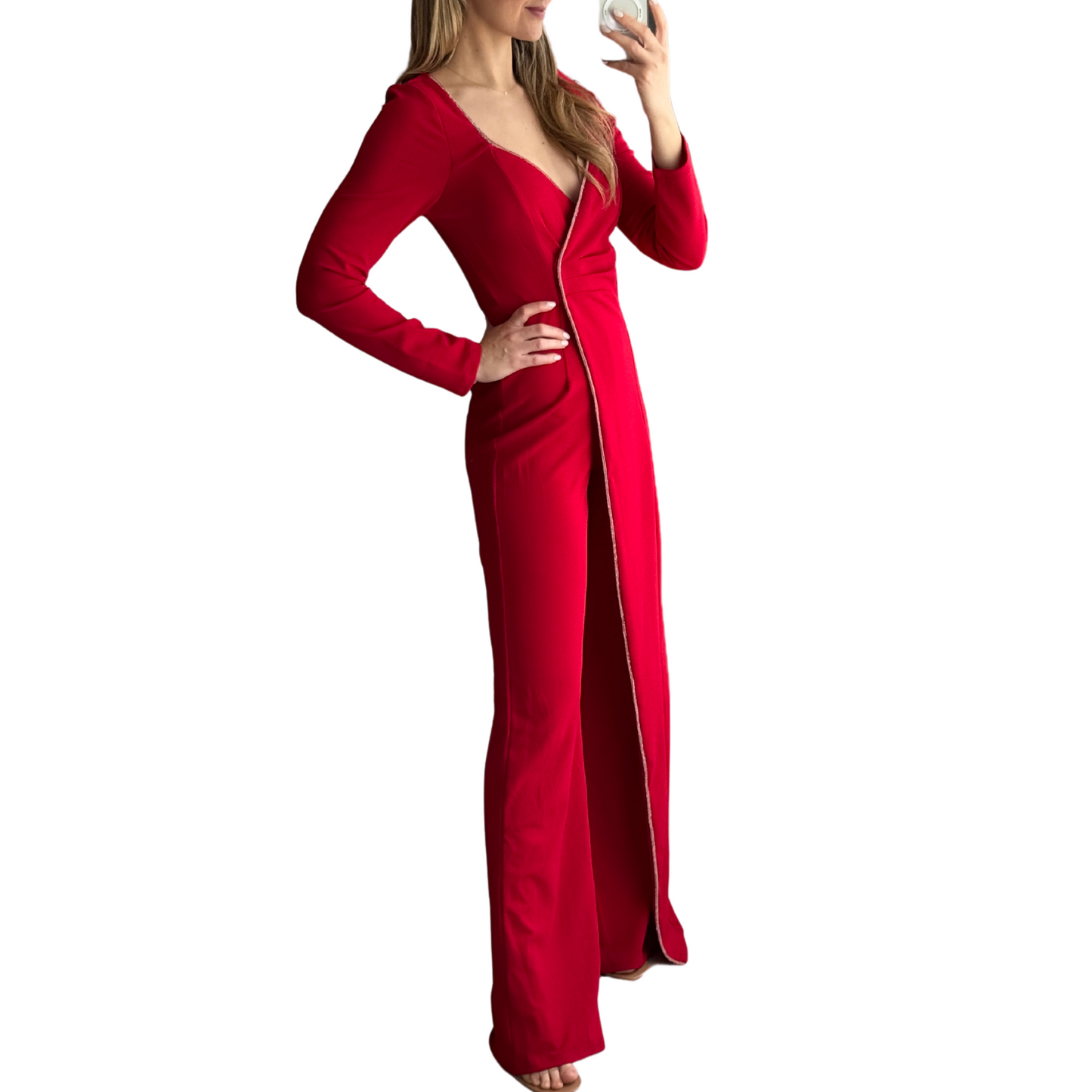 JUUMPSUIT ROJO MANGA LARGA CUELLO V CON BRILLOS