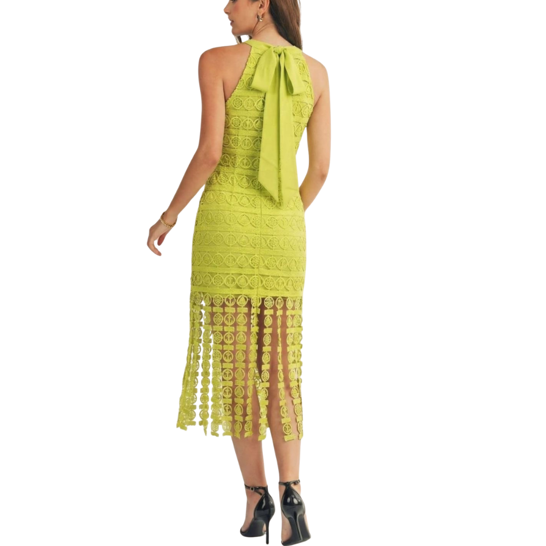 VESTIDO MIDI HALTER VERDE LIMÓN DE GUIPUR