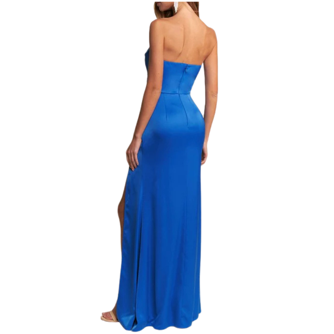 VESTIDO LARGO STRAPLESS SATIN AZUL