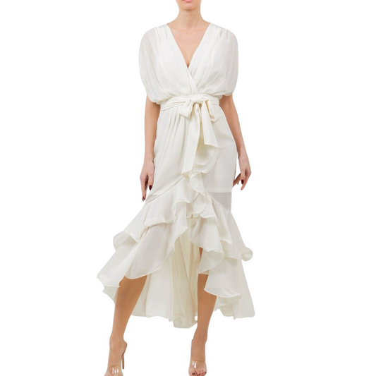 VESTIDO MIDI CON OLANES BEIGE