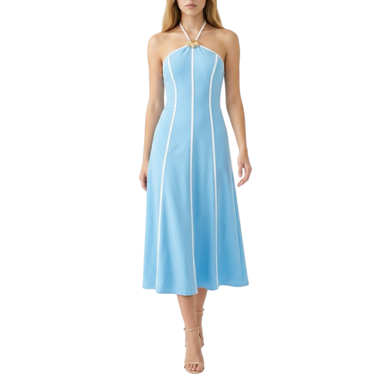 VESTIDO MIDI CELESTE CON BLANCO