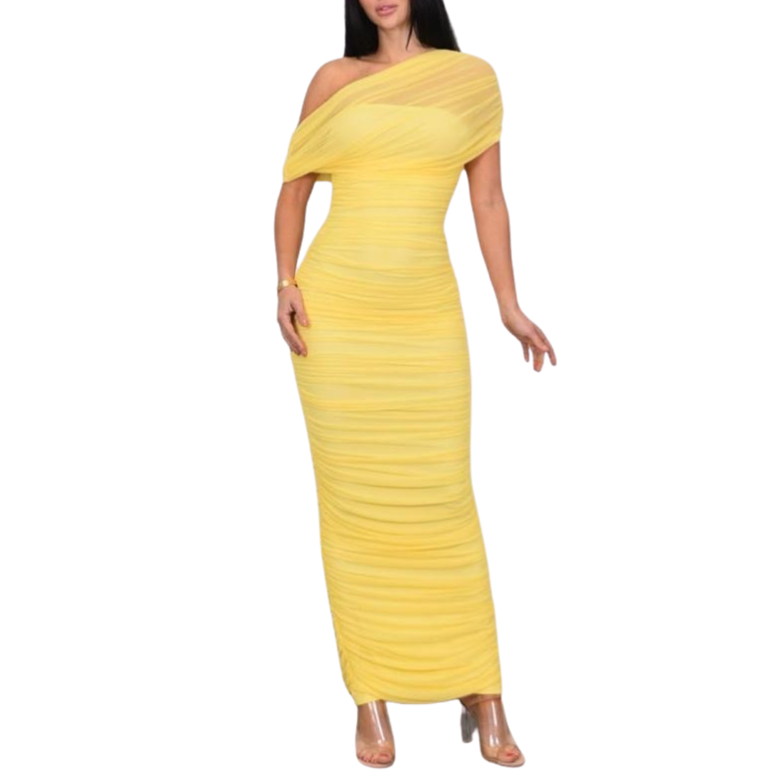 VESTIDO MIDI AMARILLO MESH UN HOMBRO