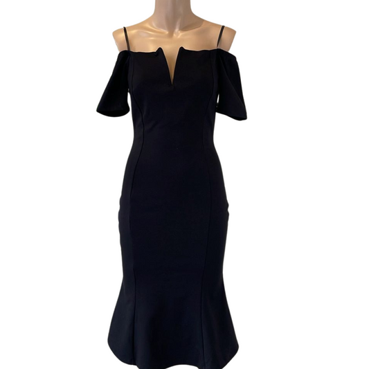 VESTIDO MIDI NEGRO MANGAS A LOS HOMBROS