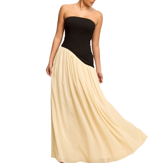 VESTIDO LARGO STRAPLESS HALF N HALF NEGRO Y BEIGE
