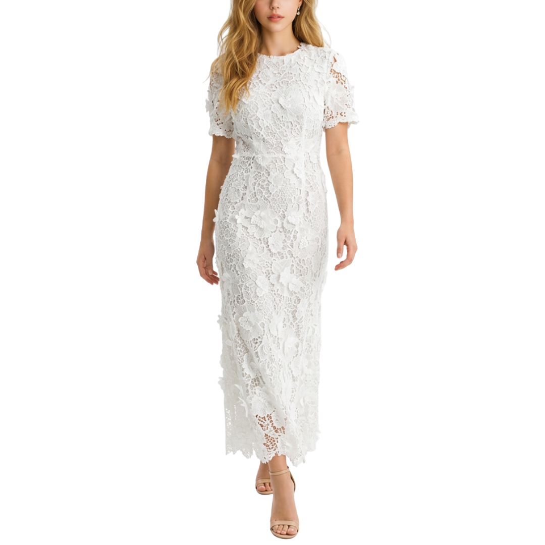 VESTIDO MIDI BLANCO ENCAJE CON APLICACIONES DE FLORES