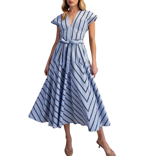 VESTIDO MIDI RAYAS CELESTE CON NEGRO