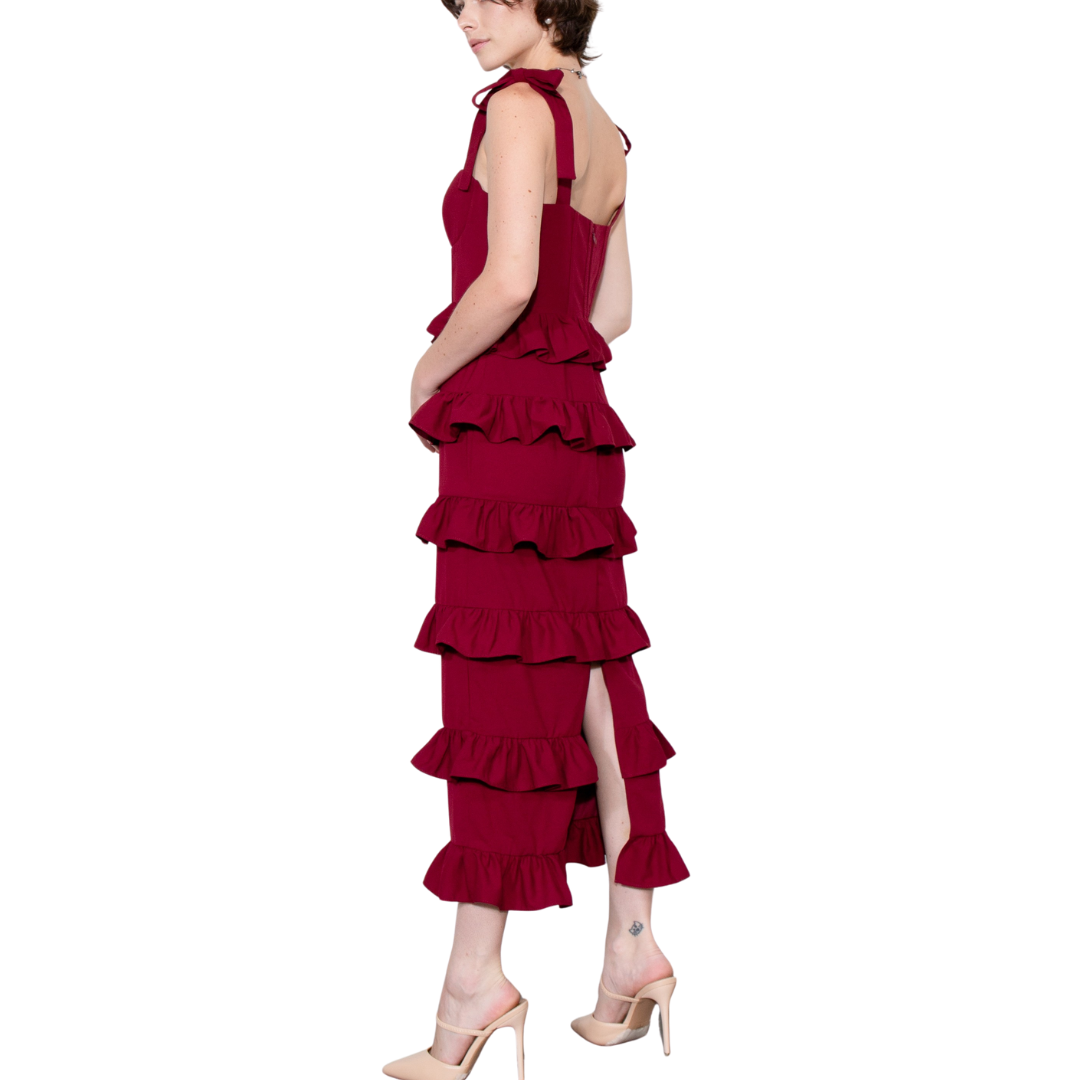 VESTIDO MIDI CON OLANES ROJO VINO