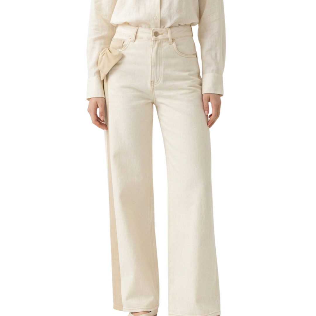 PANTALON DENIM BEIGE CON MOÑO DE LADO