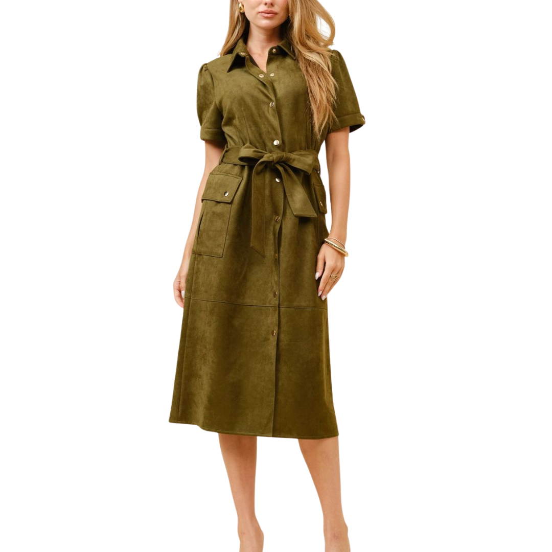 VESTIDO MIDI DE GAMUSA CON BOTONES VERDE OLIVO