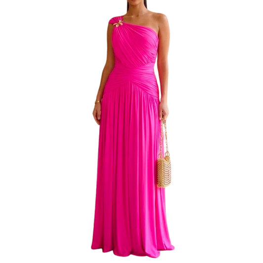 VESTIDO LARGO FIUSHA UN HOMBRO CON BROCHE DORADO