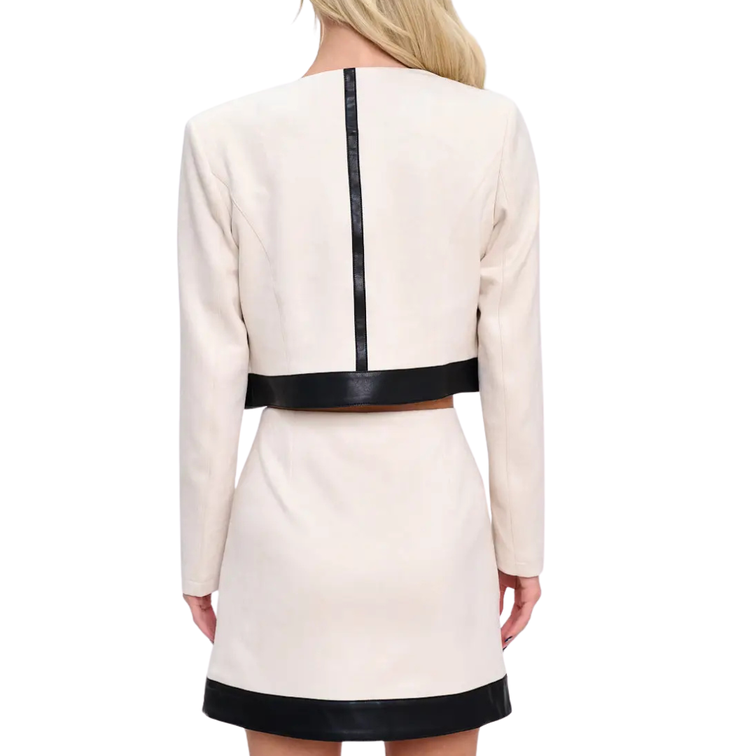 SET FALDA Y SACO CORTO GAMUSA BEIGE CON NEGRO