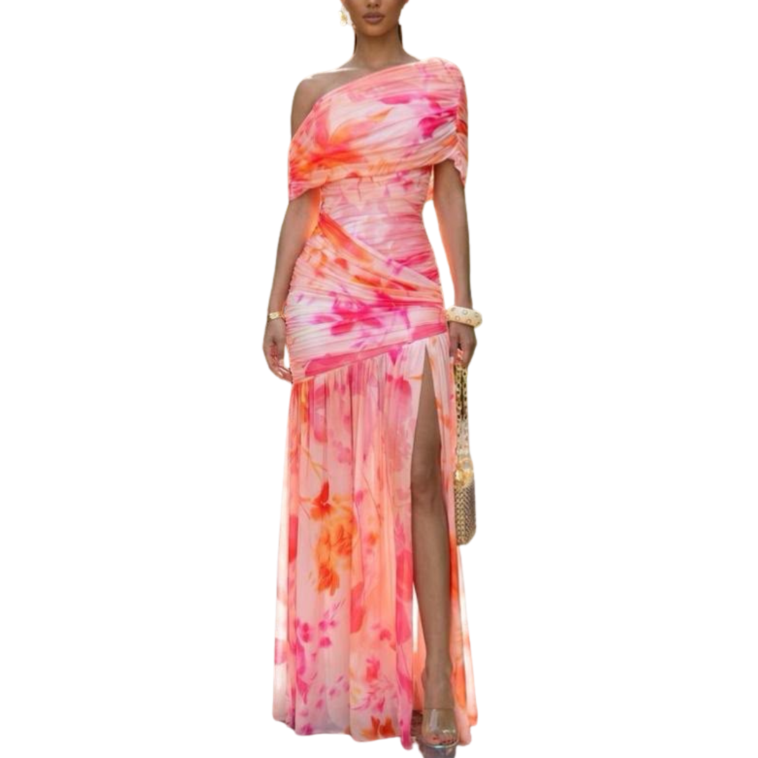 VESTIDO LARGO MESH CORRUGADO FLOREADO ROSA Y NARANJA