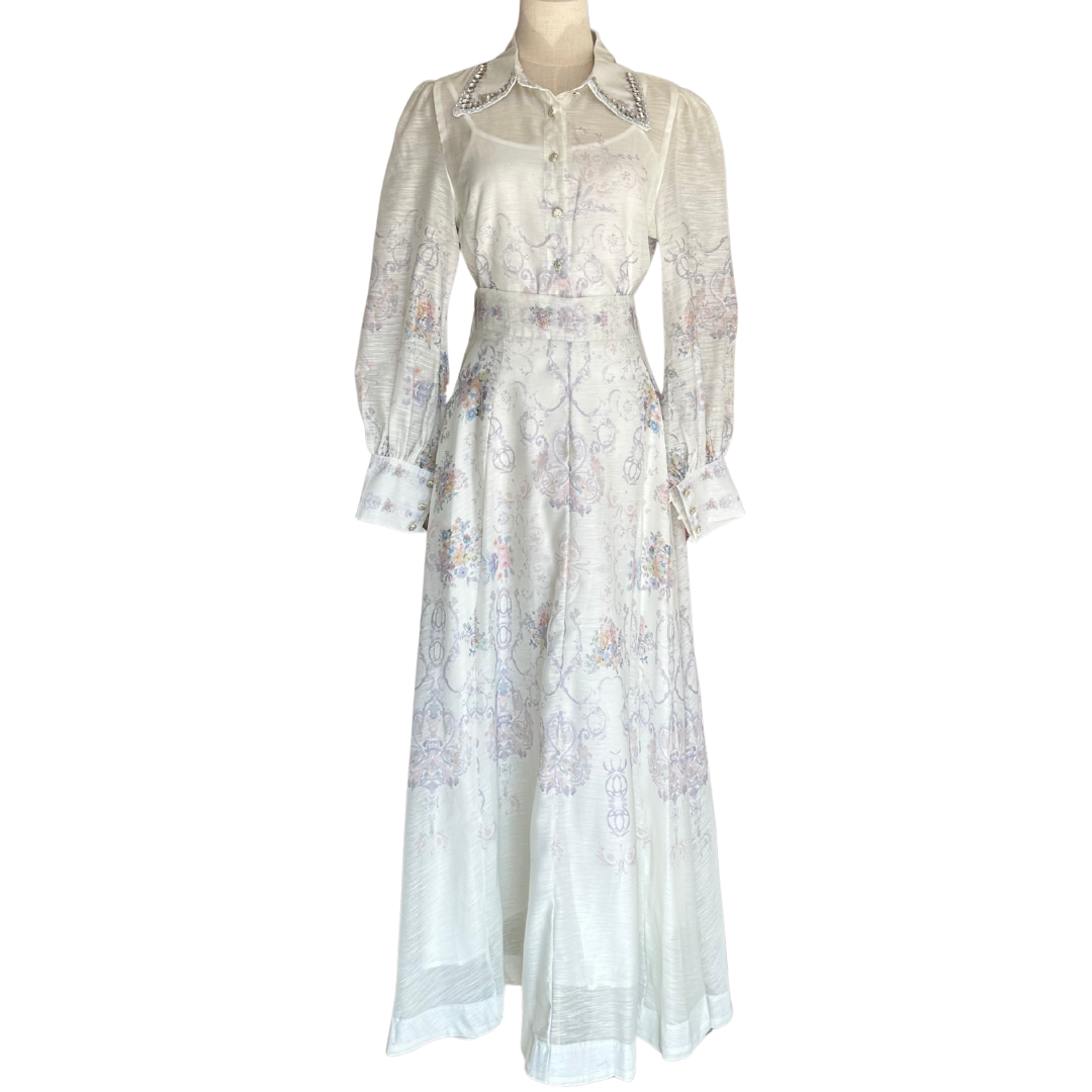 SET BLUSA Y FALDA ESTAMPADO FLORES VERDE MENTA