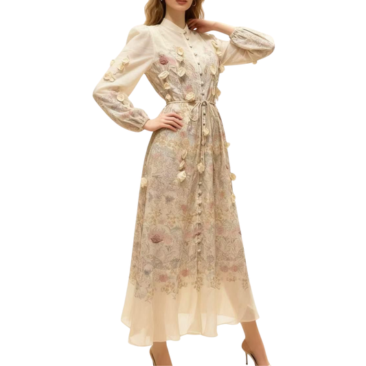 VESTIDO MIDI CON BOTONES ESTAMPADO FLORES TONOS PASTEL