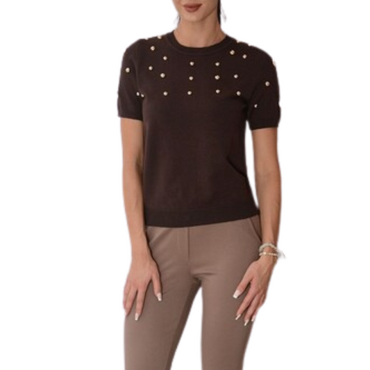 BLUSA CAFÉ CON PERLAS DORADAS