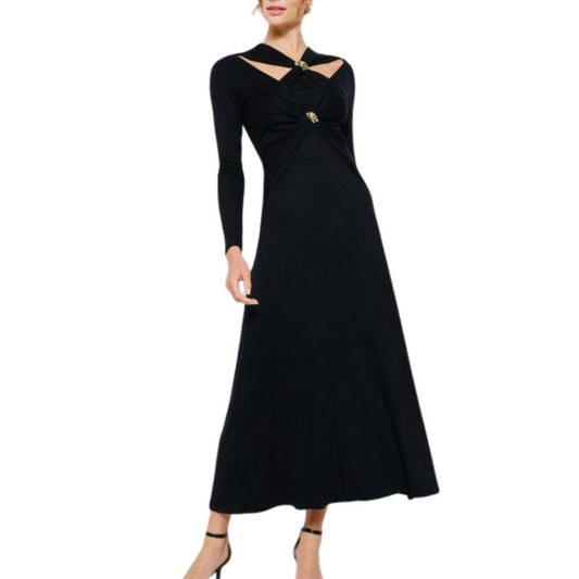 VESTIDO MIDI NEGRO CON CRUCES CON DORADO