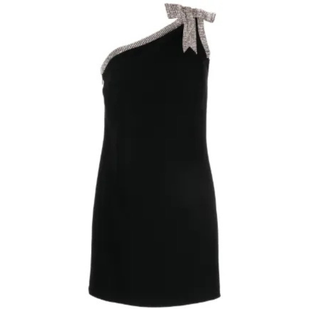 VESTIDO CORTO NEGRO DE UN HOMBRO CON MOÑO DE PEDRERÍA