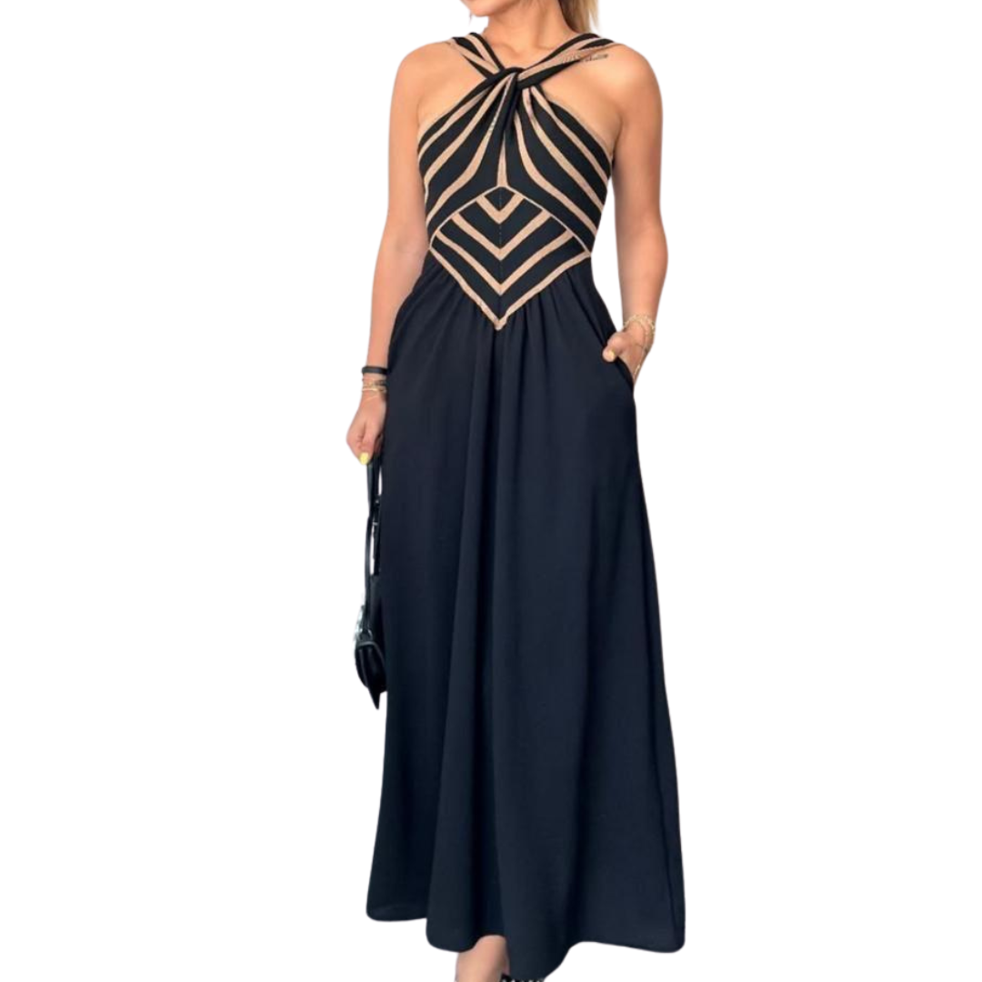 VESTIDO MIDI CAFE Y NEGRO HALTER CRUZADO