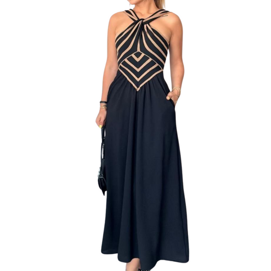 VESTIDO MIDI CAFE Y NEGRO HALTER CRUZADO