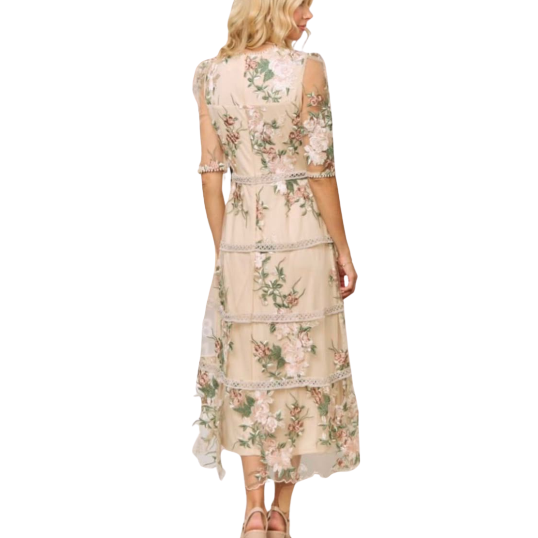 VESTIDO MIDI VEIGE CON FLORES ROSA CON VERDE