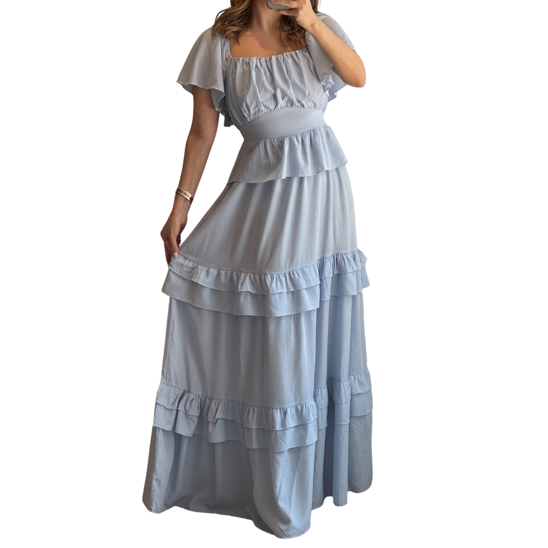 VESTIDO LARGO CON OLANES CELESTE