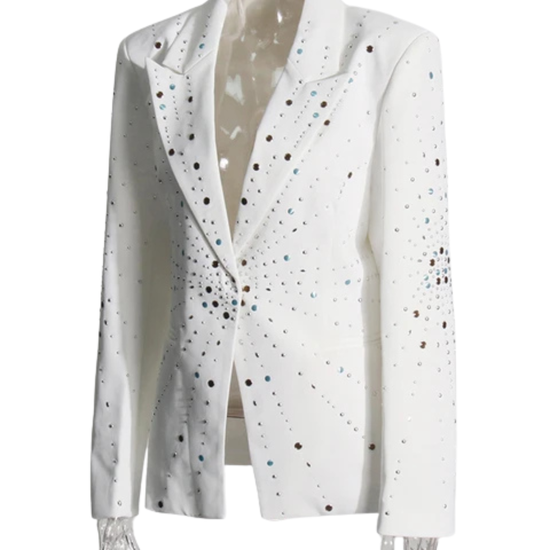 BLAZER BLANCO BRILLOS  AZUL Y CAFÉ