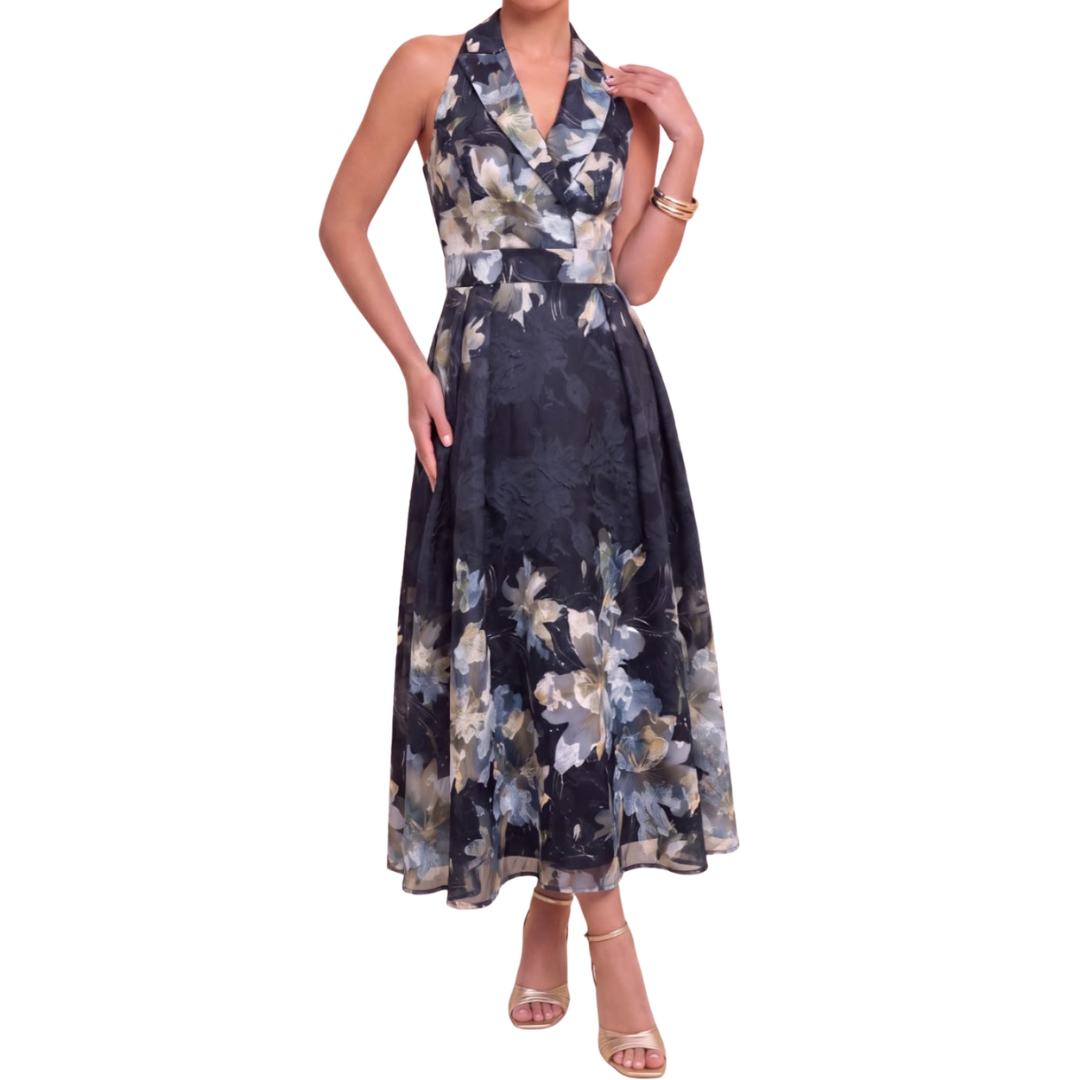 VESTIDO MIDI ESTAMPADO FLORES TONOS GRISES