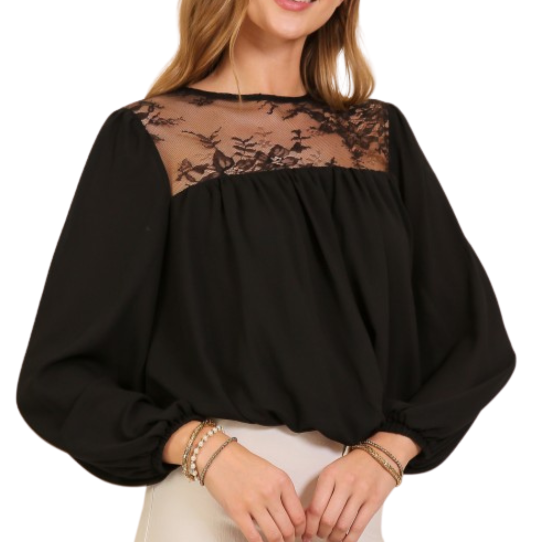 BLUSA MANGA LARGA CON ENCAJE NEGRO