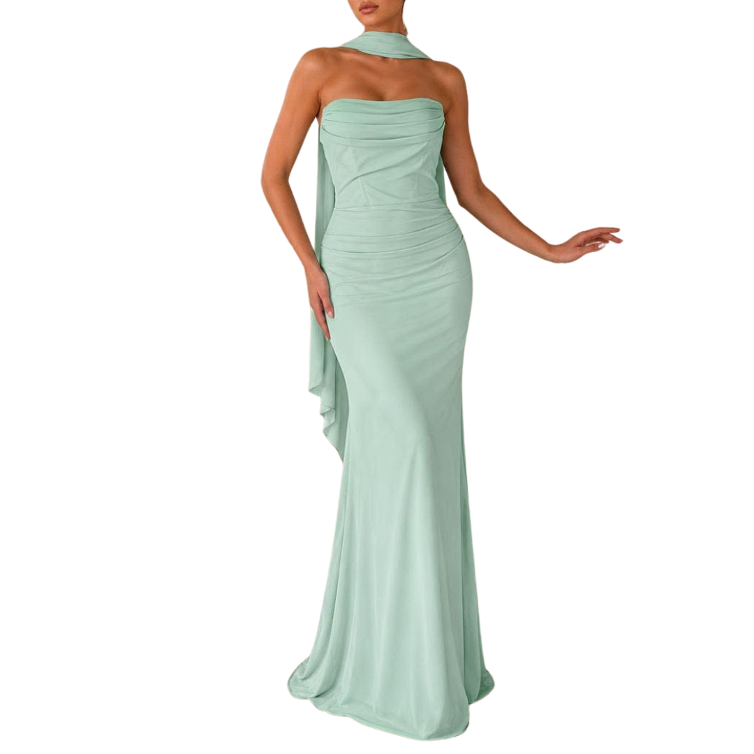 VESTIDO LARGO MENTA STRAPLESS CORRUGADO CON ESTOLA