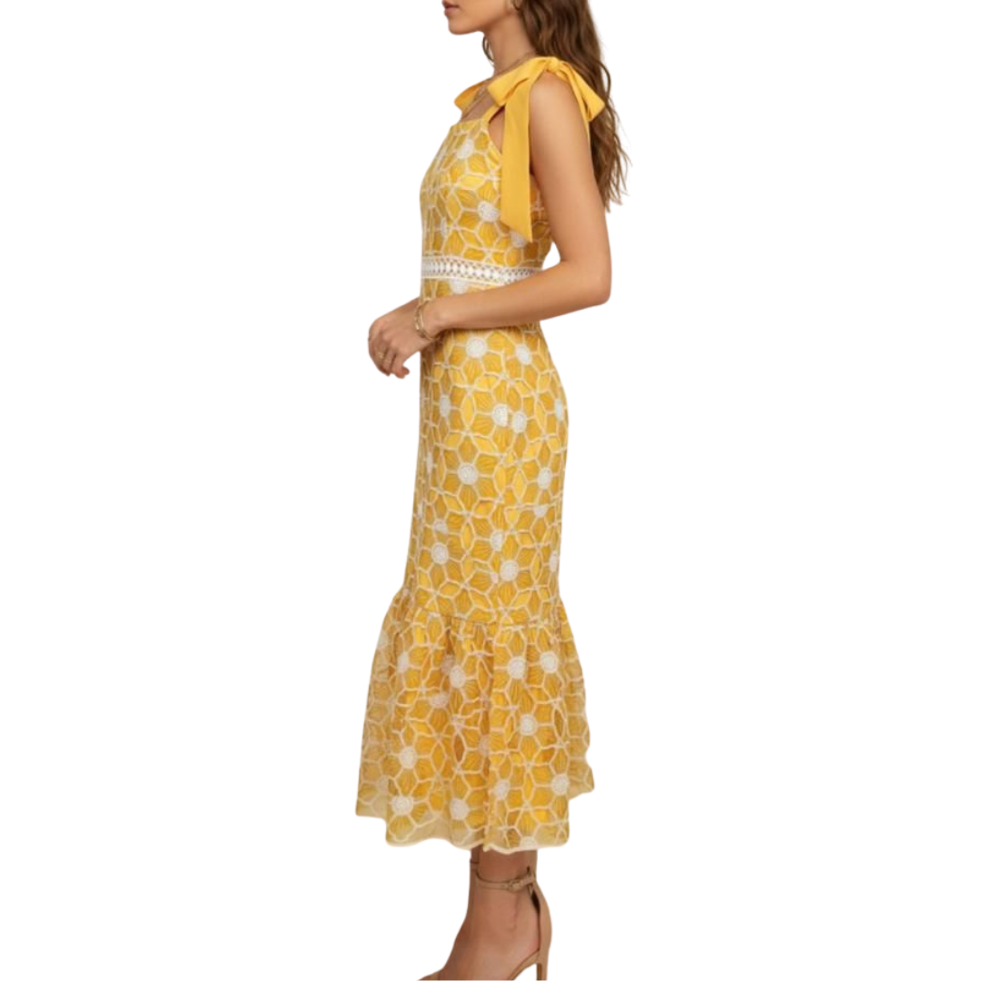 VESTIDO MIDI AMARILLO CON BLANCO