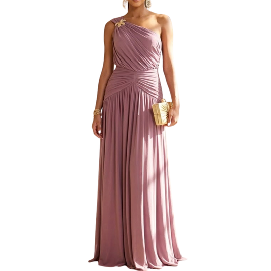 VESTIDO LARGO LILA MESH UN HOMBRO CON BROCHE DORADO