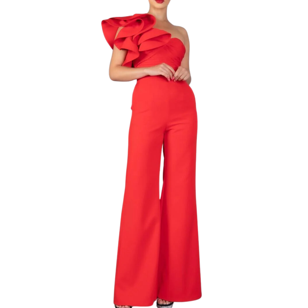 JUMPSUIT DE UN HOMBRO CON OLANES ROJOS