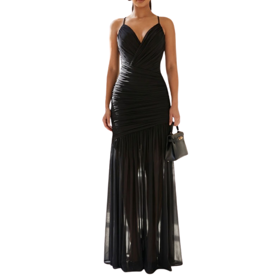 VESTIDO LARGO NEGRO MESH TIRANTES