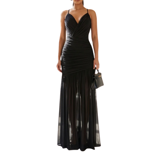 VESTIDO LARGO NEGRO MESH TIRANTES