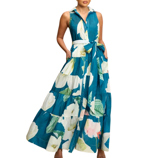 VESTIDO LARGO AZUL FLOREADO