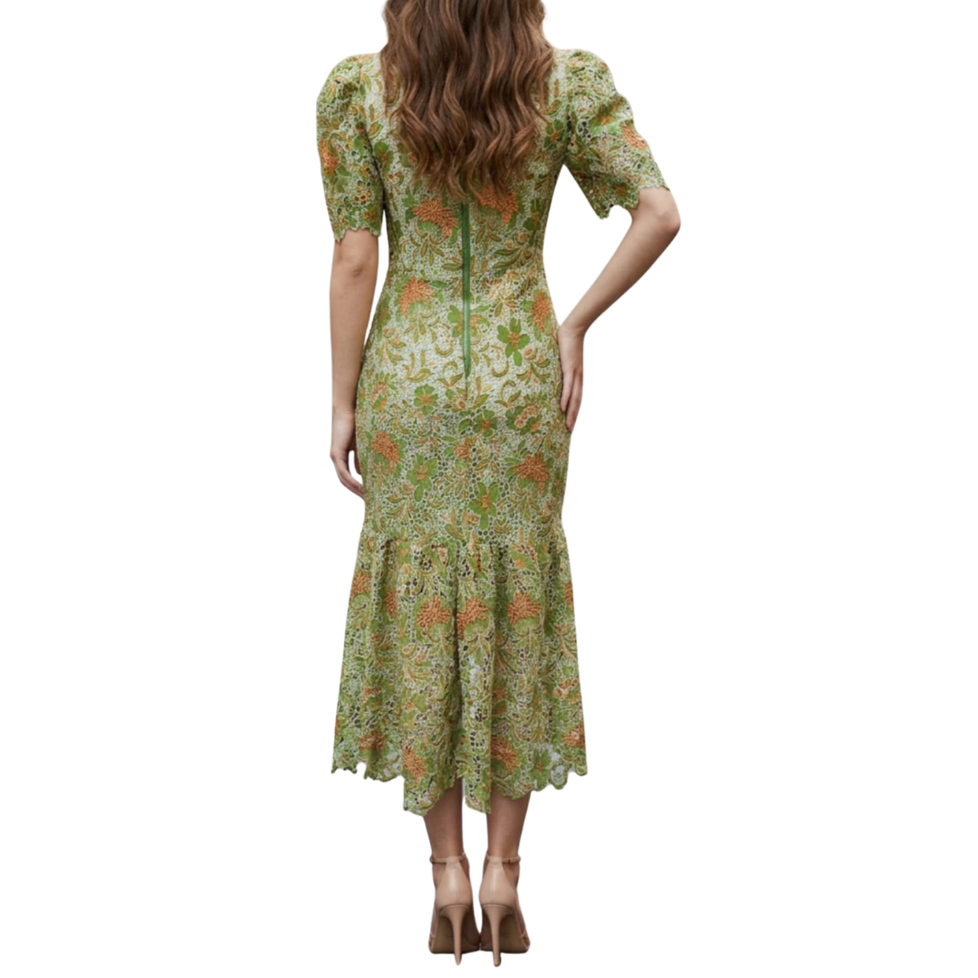 VESTIDO MIDI CON MANGA ENCAJE VERDE Y NARANJA