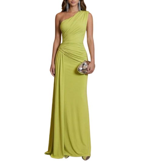 VESTIDO LARGO VERDE UN HOMBRO CORRUGADO