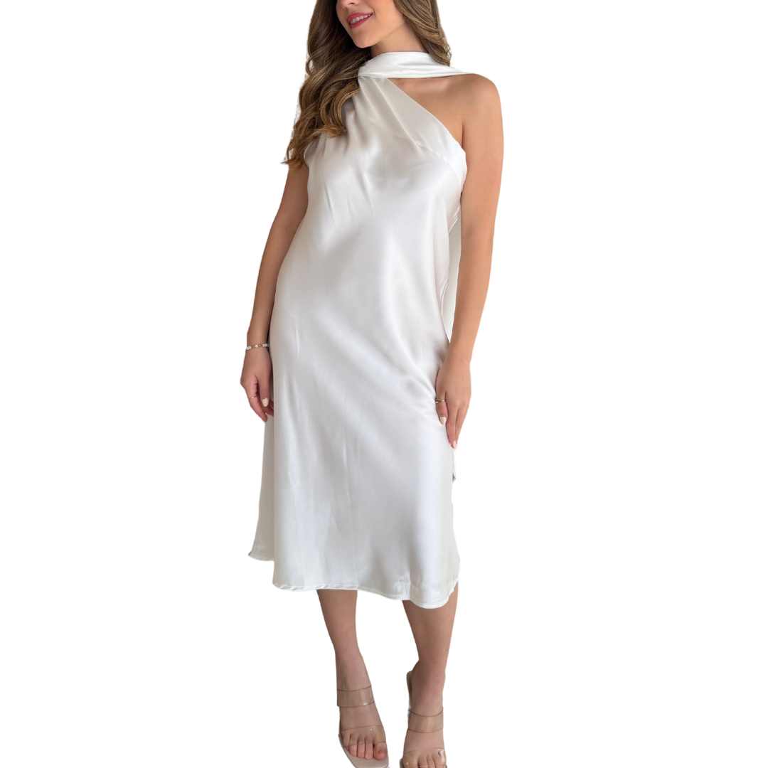 VESTIDO MIDI SATÍN BLANCO CON CORBATÍN