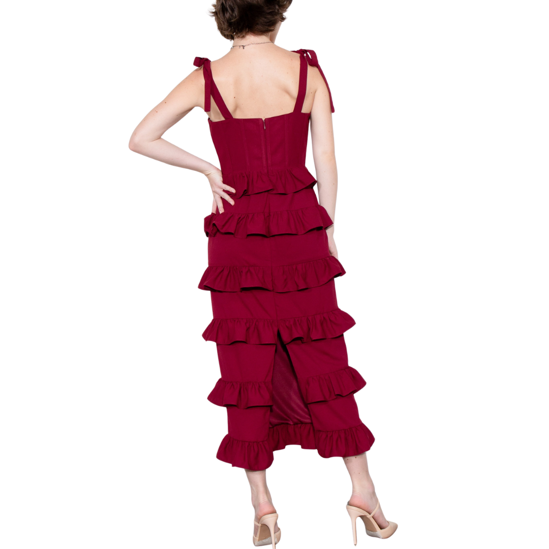 VESTIDO MIDI CON OLANES ROJO VINO