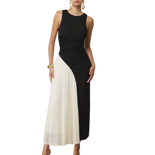 VESTIDO LARGO SIN MANGAS BEIGE CON NEGRO